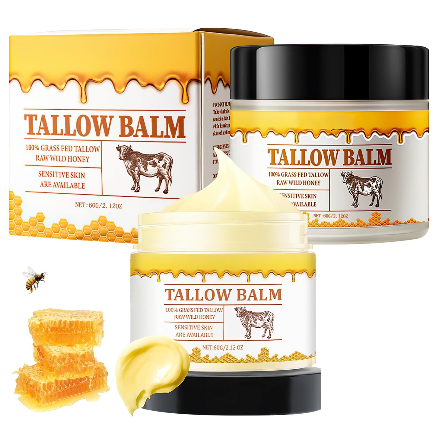 Tallow and Honey Balm, Premium Beef Tallow and Wild Honey, Balm for Skin Hydration, Grass-Fed Beef Tallow & Raw Wild Honey Balm, Tallow Balm for Skin Hydration, Tallow Face Moisturizer (2Pcs)