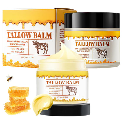 Tallow and Honey Balm, Premium Beef Tallow and Wild Honey, Balm for Skin Hydration, Grass-Fed Beef Tallow & Raw Wild Honey Balm, Tallow Balm for Skin Hydration, Tallow Face Moisturizer (2Pcs)