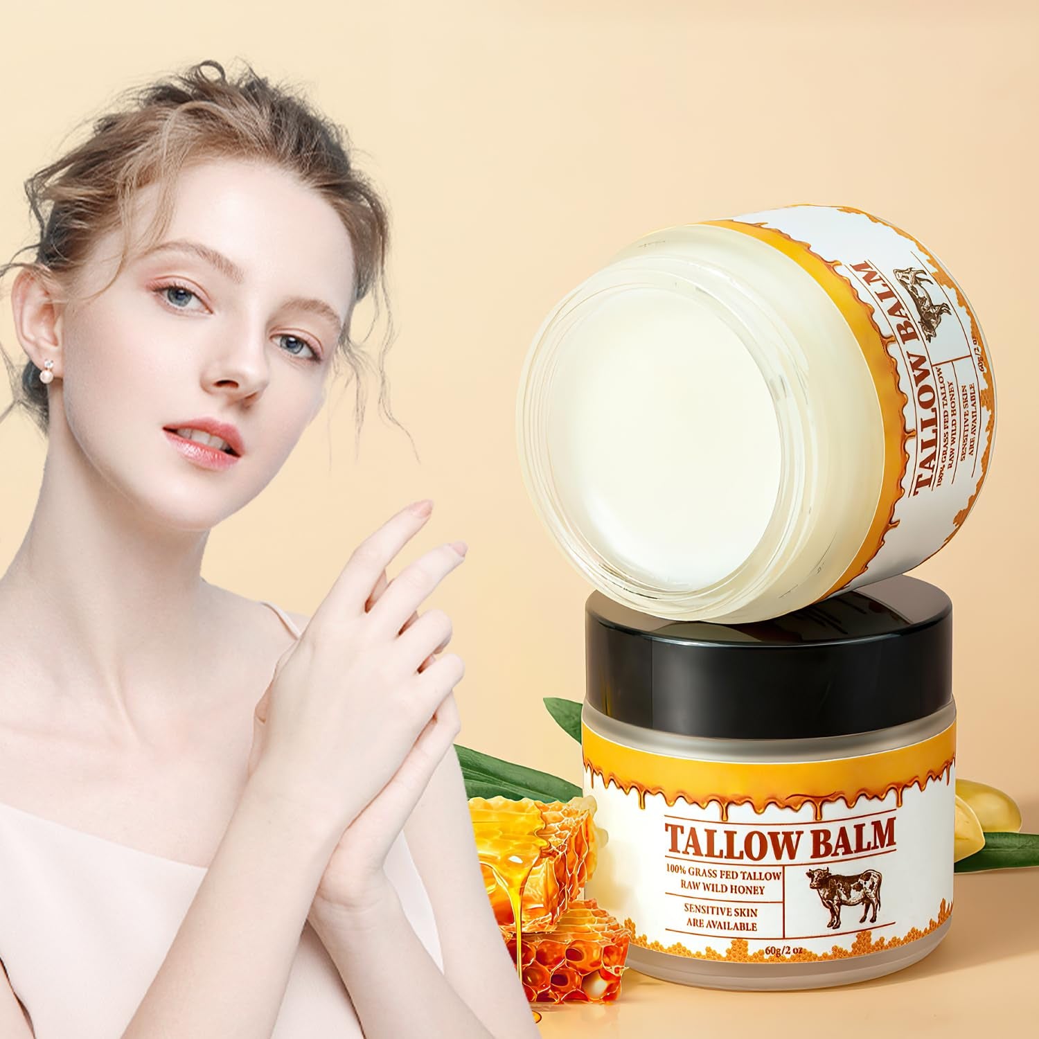 Tallow and Honey Balm, Premium Beef Tallow and Wild Honey, Balm for Skin Hydration, Grass-Fed Beef Tallow & Raw Wild Honey Balm, Tallow Balm for Skin Hydration, Tallow Face Moisturizer (2Pcs)