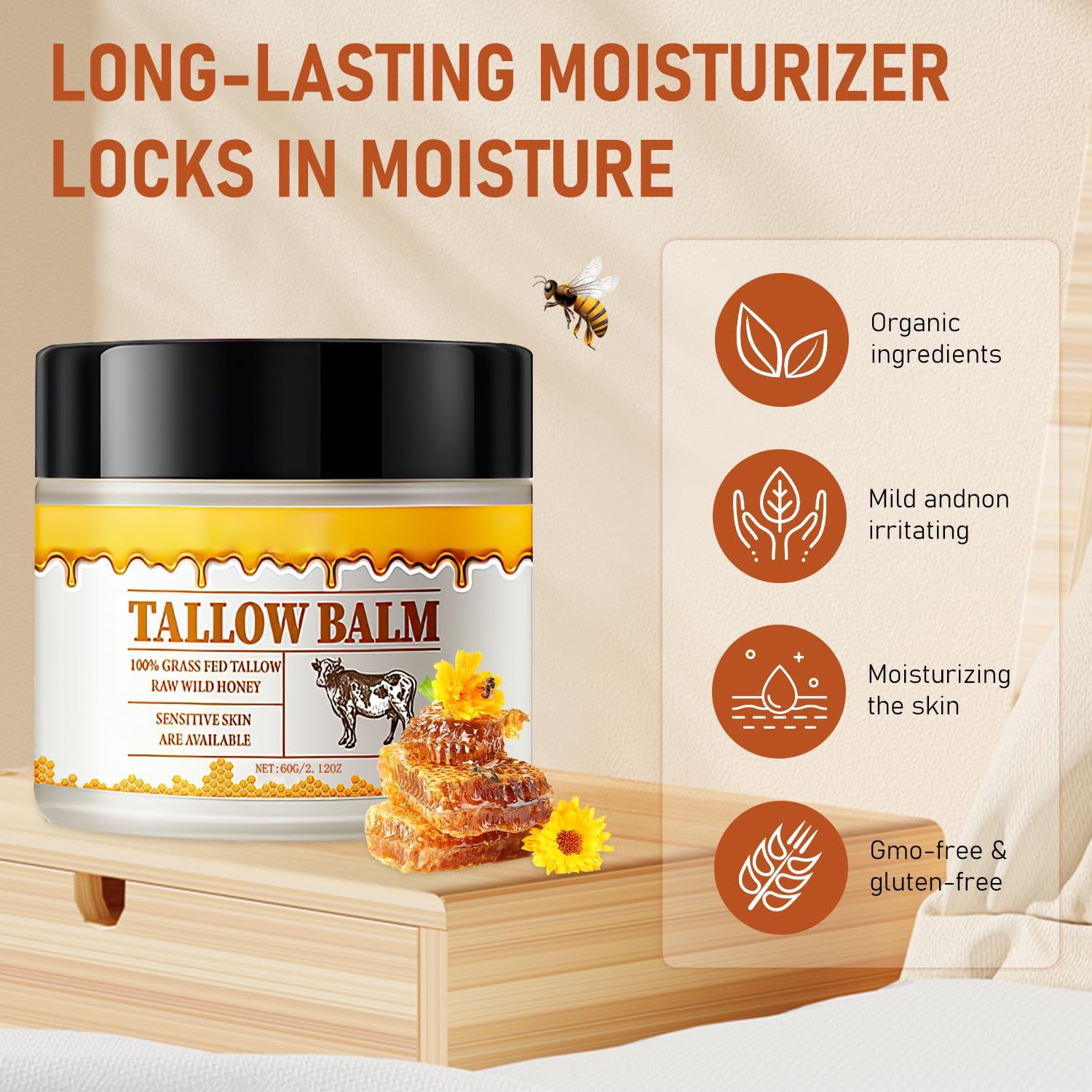 Tallow and Honey Balm, Premium Beef Tallow and Wild Honey, Balm for Skin Hydration, Grass-Fed Beef Tallow & Raw Wild Honey Balm, Tallow Balm for Skin Hydration, Tallow Face Moisturizer (2Pcs)